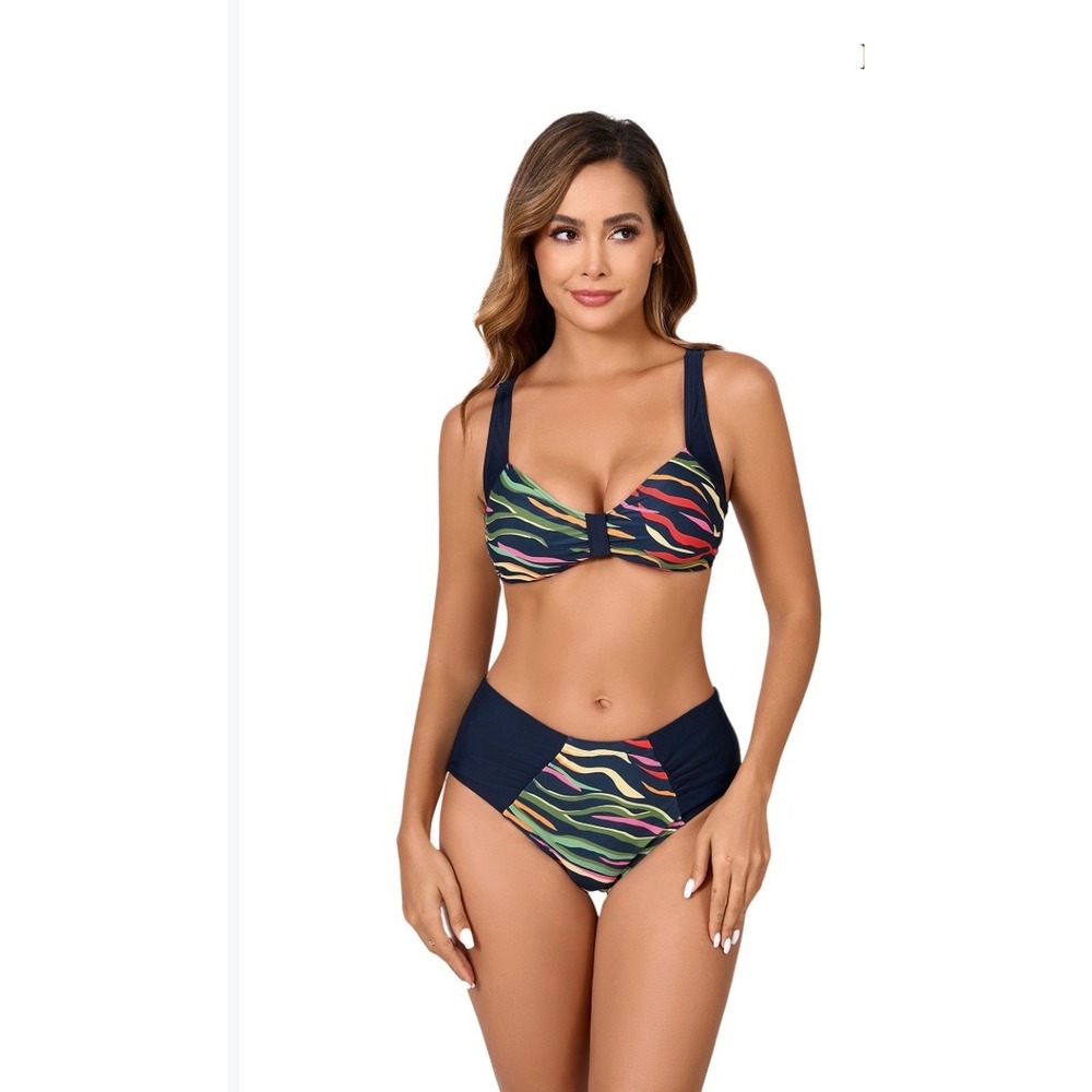 Itzel Swimwear Navy Blue Multi Wavy Stripe High Waist Bikini Set Size 14B New